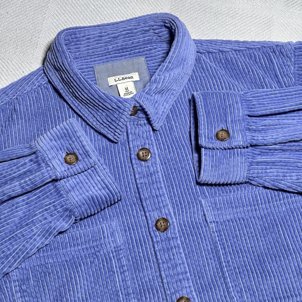 L.L.Bean Corduroy Button Shirt Womens Medium Petite Wide Wale Periwinkle Purple
